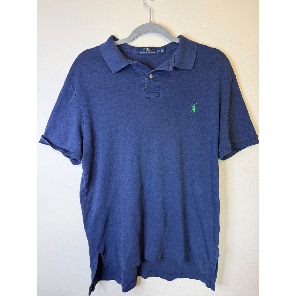 Polo Ralph Lauren Mens Large Blue Short Sleeve Polo Shirt Green Pony Logo Hole